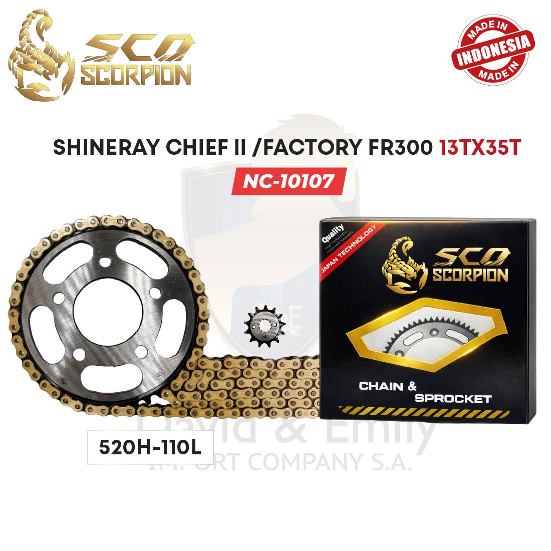 KIT ARRASTRE 13X35 520HX110L MOTO CHINA SHINERAY CHIEF II /FACTORY FR300 CROMO / MOLIBDENO/TITANIUM 1045 CADENA SOLID BUSH GOLD